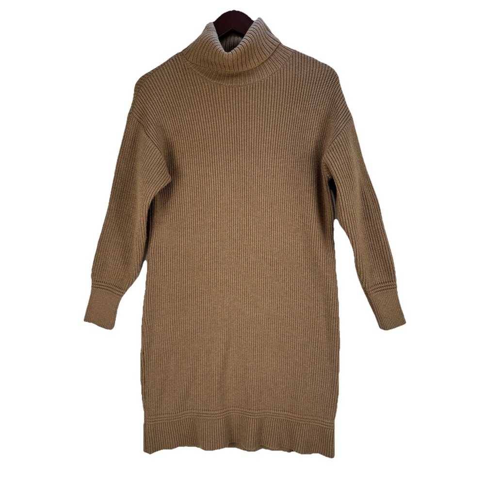 Tristan Sweater Dress Chunky ribbed‎ turtleneck Camel Tone Elbow Patches Medium